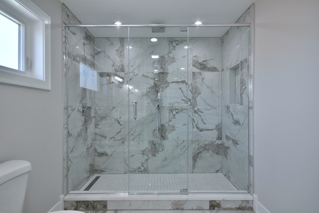 2123 N Austin Ave, Chicago, IL 60639 - full bathroom featuring baseboards, recessed lighting, a marble finish shower, and toilet