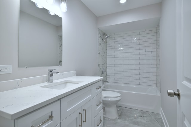 2123 N Austin Ave, Chicago, IL 60639 - bathroom featuring shower / washtub combination, vanity, baseboards, toilet, and marble finish floor