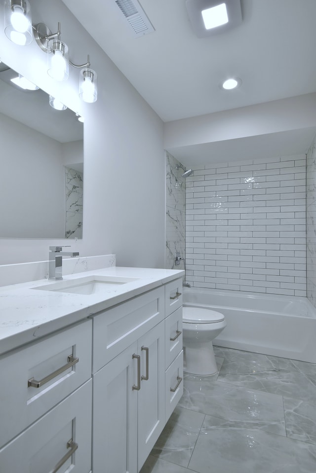 2123 N Austin Ave, Chicago, IL 60639 - bathroom with shower / bathing tub combination, vanity, toilet, marble finish floor, and recessed lighting