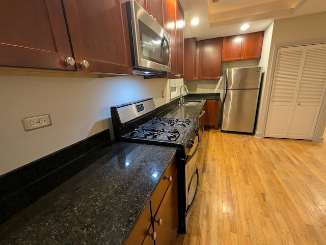 6912 N Lakewood Ave Unit 1W, Chicago, IL 60626 - kitchen featuring dark stone countertops, a raised ceiling, a sink, light wood-style flooring, and appliances with stainless steel finishes