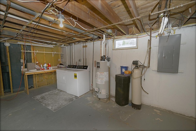 basement with washer and clothes dryer, gas water heater, and electric panel