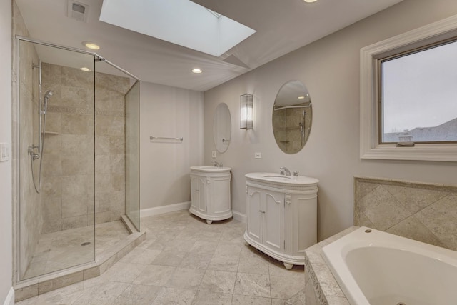 full bath with recessed lighting, baseboards, a skylight, visible vents, and a stall shower