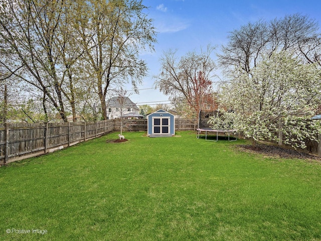 view of yard featuring an outdoor structure, a fenced backyard, a trampoline, and a storage shed