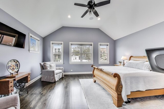 bedroom with wood finished floors, ceiling fan, vaulted ceiling, baseboards, and recessed lighting