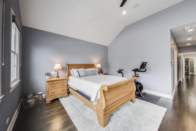 bedroom featuring vaulted ceiling, baseboards, dark wood-style flooring, and recessed lighting