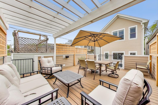 deck featuring outdoor dining space, an outdoor living space, and a pergola