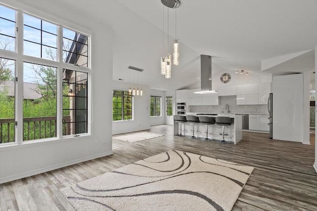 1105 Foxtail Ct Unit 1105, Darien, IL 60561 - living room featuring baseboards, high vaulted ceiling, an inviting chandelier, and wood finished floors