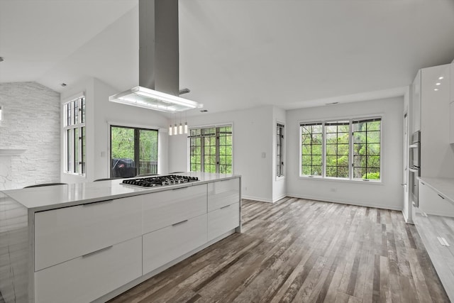 1105 Foxtail Ct Unit 1105, Darien, IL 60561 - kitchen with stainless steel gas cooktop, white cabinets, vaulted ceiling, and modern cabinets