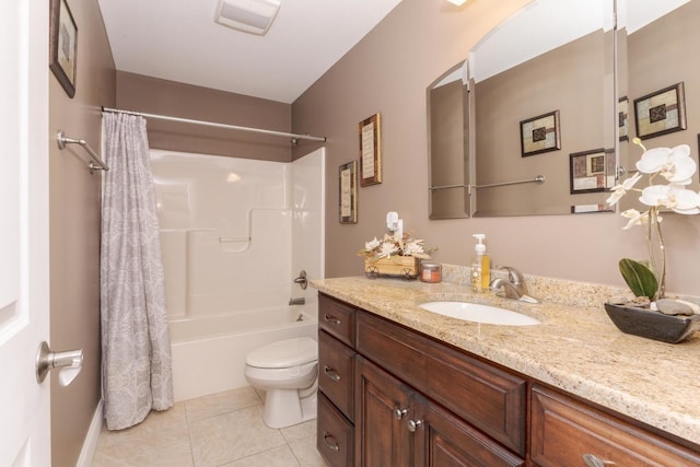 full bath with toilet, tile patterned flooring, vanity, shower / tub combo, and baseboards