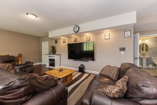 living area featuring baseboards and a fireplace