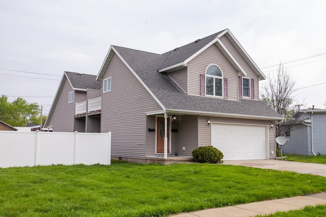 traditional home featuring driveway, a front yard, roof with shingles, a garage, and fence