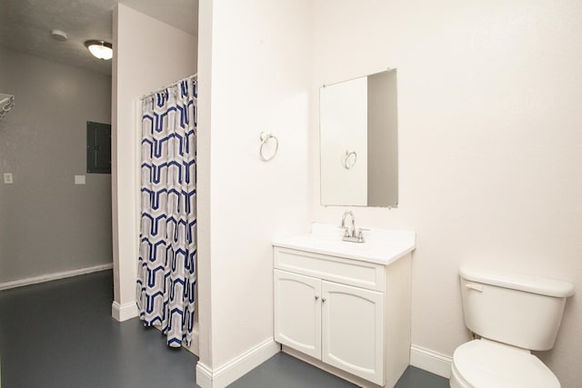 bathroom featuring electric panel, baseboards, vanity, toilet, and a shower with shower curtain