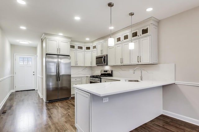 7955 S Paxton Ave, Chicago, IL 60617 - kitchen featuring a sink, stainless steel appliances, baseboards, a peninsula, and dark wood-style floors