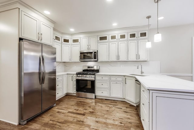 7955 S Paxton Ave, Chicago, IL 60617 - kitchen featuring a sink, light countertops, stainless steel appliances, a peninsula, and wood finished floors