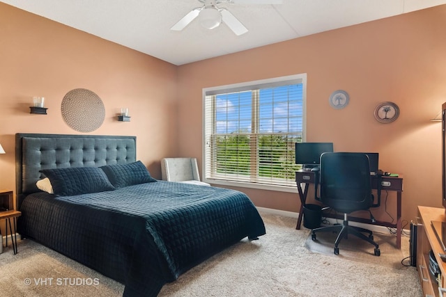 bedroom featuring carpet flooring, baseboards, and ceiling fan