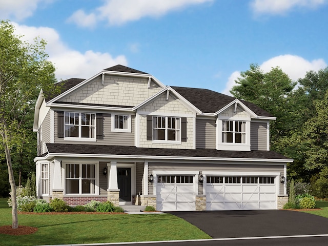 craftsman inspired home with a garage, stone siding, a front lawn, and aphalt driveway