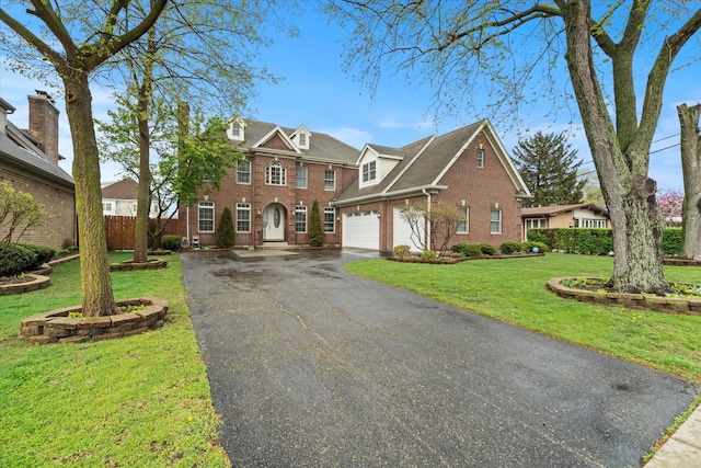 view of front of house featuring fence, a front yard, aphalt driveway, and brick siding
