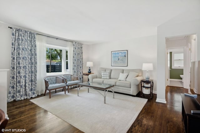 living area featuring baseboards and dark wood finished floors