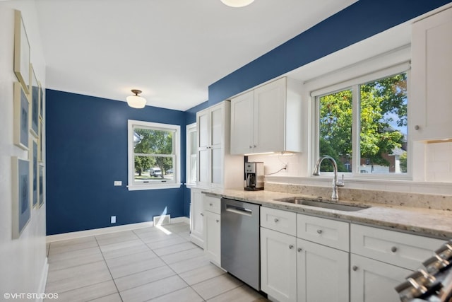 kitchen featuring a sink, white cabinetry, light tile patterned floors, and dishwasher