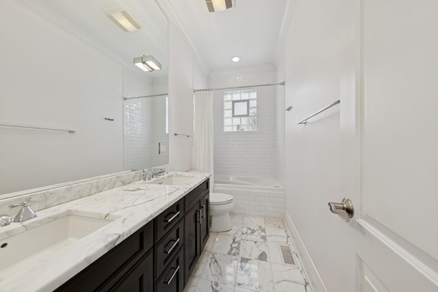 1924 N Wolcott Ave, Chicago, IL 60622 - full bathroom with crown molding, marble finish floors, tiled shower / bath, toilet, and double vanity