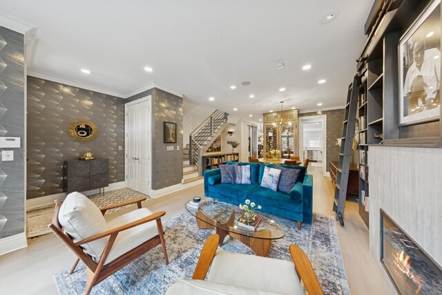 1924 N Wolcott Ave, Chicago, IL 60622 - living room featuring crown molding, stairs, light wood-style floors, recessed lighting, and baseboards