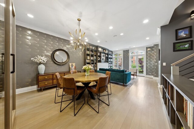 1924 N Wolcott Ave, Chicago, IL 60622 - dining space with baseboards, ornamental molding, light wood-style floors, stairs, and recessed lighting