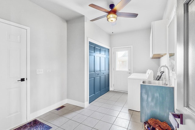 118 Jack Dylan Dr, Hampshire, IL 60140 - washroom featuring cabinet space, a ceiling fan, baseboards, light tile patterned floors, and visible vents