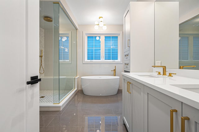bathroom featuring a sink, a freestanding tub, a shower stall, and double vanity