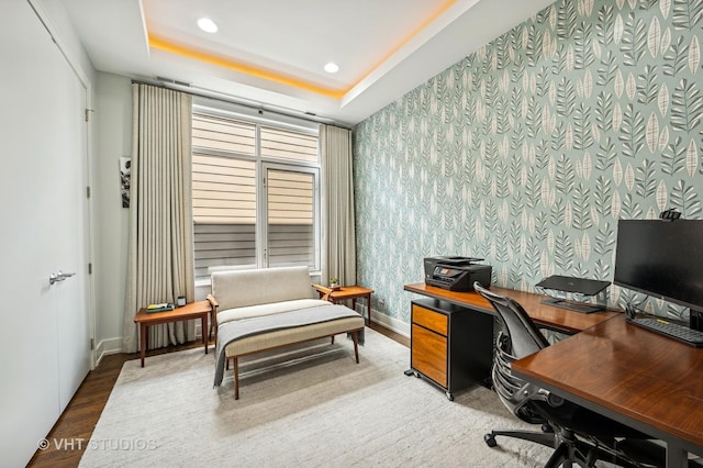 2109 N Campbell Ave Unit 2N, Chicago, IL 60647 - home office featuring wallpapered walls, wood finished floors, recessed lighting, baseboards, and a tray ceiling
