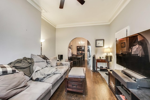 2437 W Taylor St, Chicago, IL 60612 - living area featuring arched walkways, crown molding, dark wood-type flooring, and ceiling fan