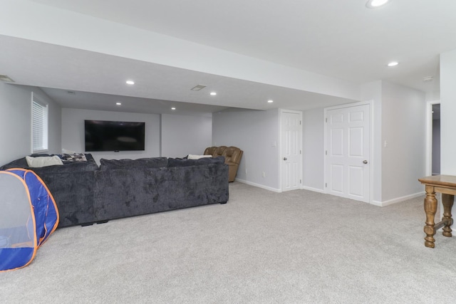 living area featuring carpet floors, recessed lighting, and baseboards