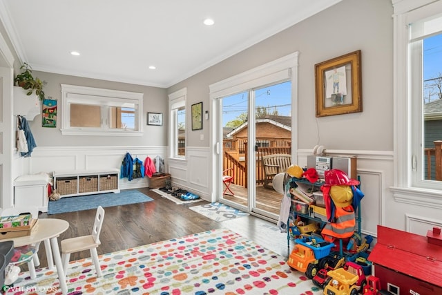 rec room with wood finished floors, plenty of natural light, ornamental molding, and a decorative wall