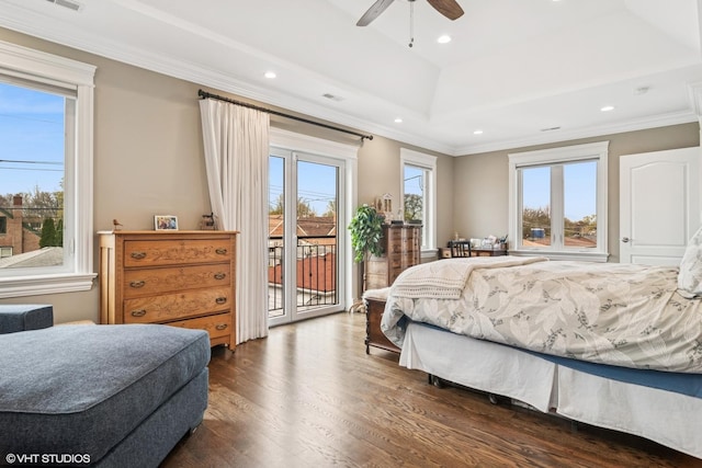 bedroom with a ceiling fan, dark wood finished floors, ornamental molding, access to outside, and recessed lighting