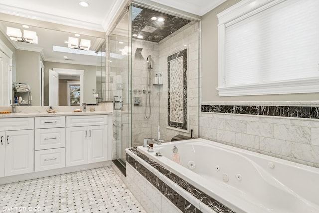 bathroom with double vanity, crown molding, a stall shower, a whirlpool tub, and recessed lighting