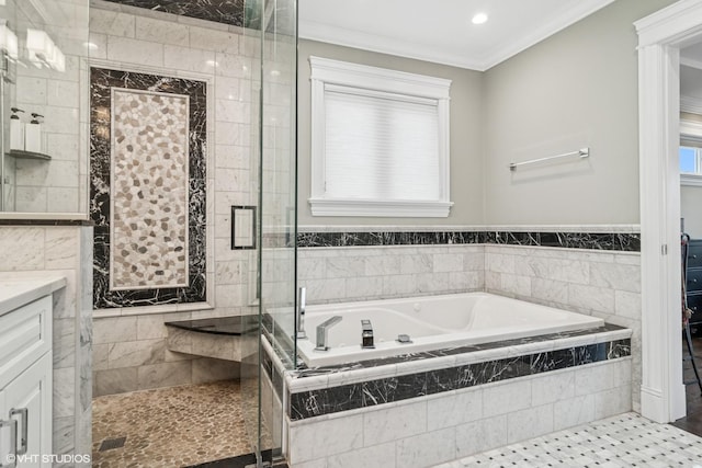 full bathroom with crown molding, vanity, recessed lighting, a garden tub, and a stall shower