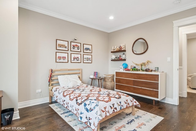 bedroom with recessed lighting, baseboards, ornamental molding, and wood finished floors