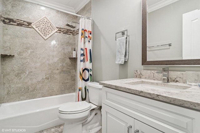 bathroom featuring crown molding, vanity, toilet, and shower / tub combo with curtain