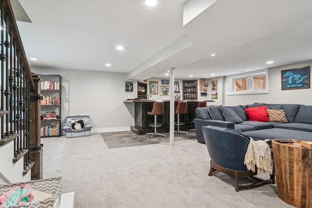 carpeted living room featuring recessed lighting, a dry bar, baseboards, and stairway