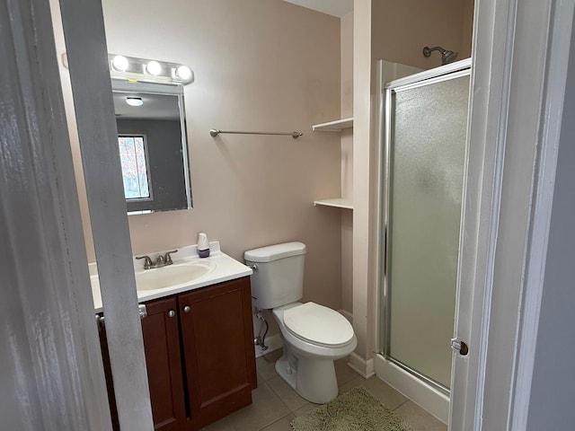 bathroom featuring vanity, toilet, tile patterned floors, and a stall shower
