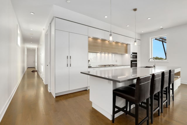 kitchen featuring a sink, modern cabinets, and dark wood-style floors