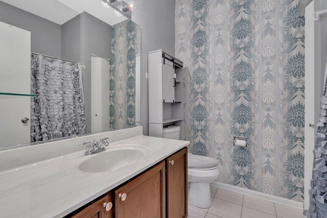 bathroom with toilet, a shower with shower curtain, tile patterned flooring, and vanity