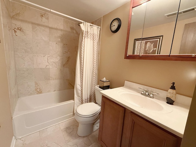 full bath with marble look tiles, toilet, vanity, and shower / bath combo