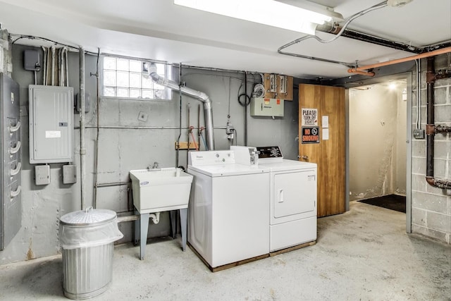 4855 Dobson St Unit 304, Skokie, IL 60077 - clothes washing area featuring laundry area, a sink, electric panel, and washing machine and clothes dryer
