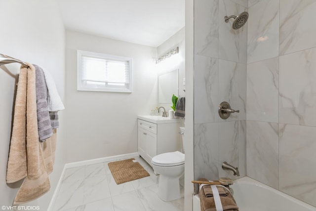full bathroom featuring shower / bathtub combination, toilet, marble finish floor, and vanity