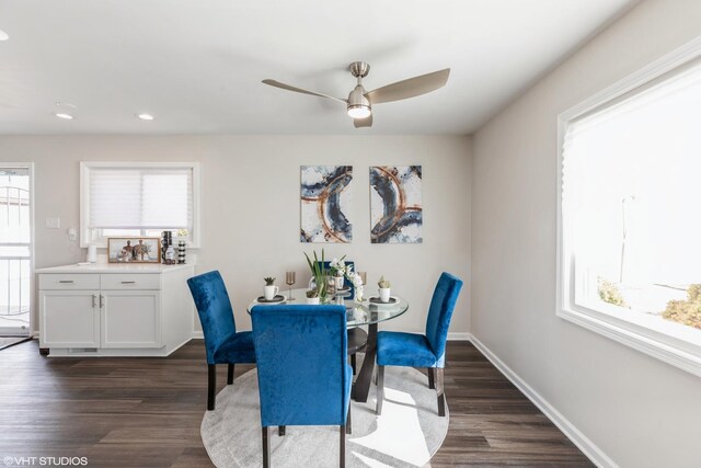 dining area featuring a ceiling fan, baseboards, recessed lighting, and dark wood-type flooring