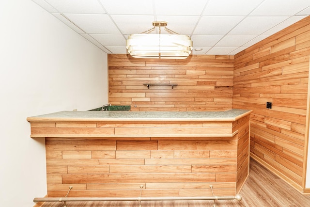 bar area with wooden walls, a drop ceiling, and wood finished floors