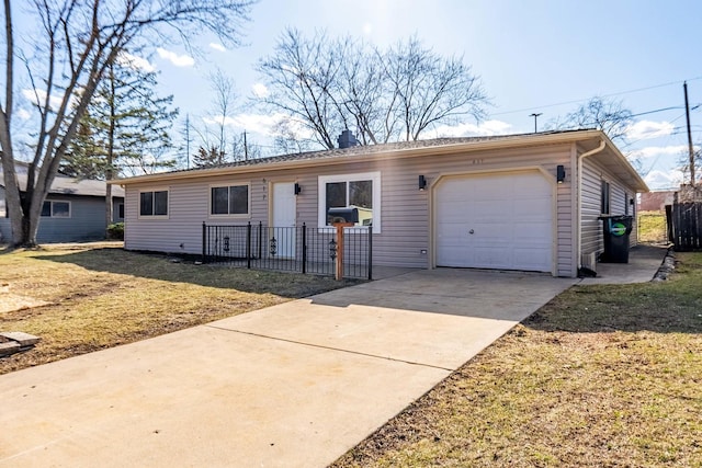 ranch-style house featuring driveway, a chimney, a garage, fence, and a front lawn