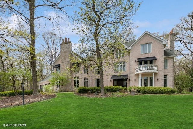 view of front of home with a chimney, a balcony, and a front yard