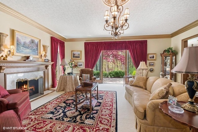living area featuring carpet flooring, a textured ceiling, a chandelier, and ornamental molding
