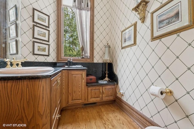 bathroom with vanity, wood finished floors, and visible vents